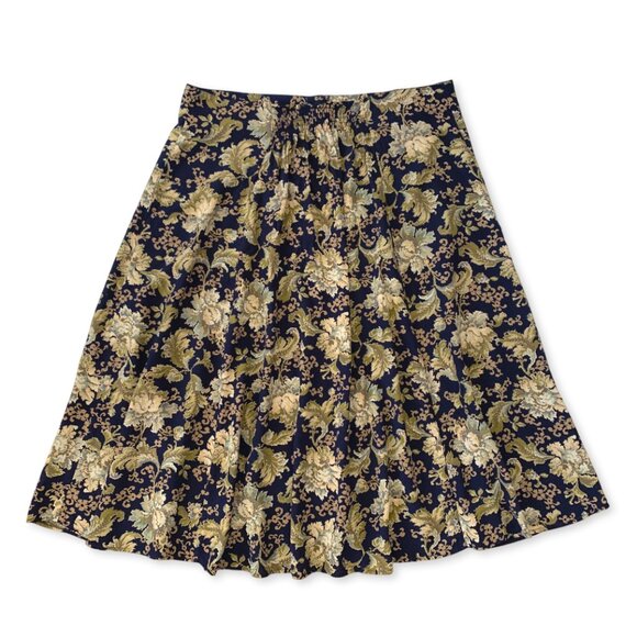 Vintage Floral Navy Button Up Skirt Smock Academia Prep Coastal Cowgirl Western - Picture 3 of 15